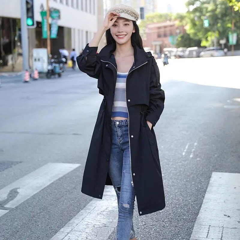 Veste coupe-vent mi-longue pour femme, manteau ample à capuche, vêtement d&#39;extérieur, pardessus décontracté, printemps automne