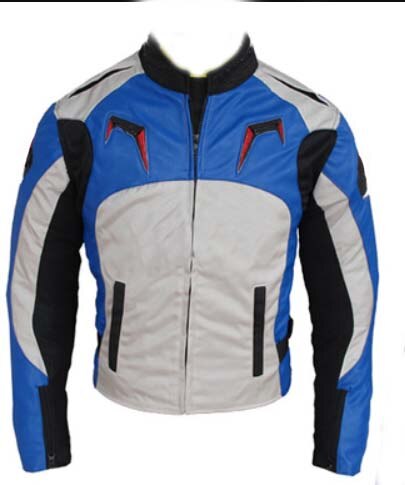 A star Men's Textile Motorcycle Riding Jacket with Protectors with Cotton Lining Black Blue Red Racing Jacket: Blue / M