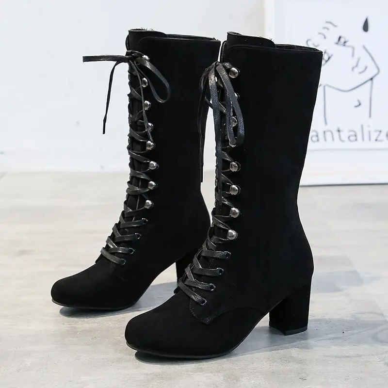 Kniehohe Stiefel Winter Frauen Schuhe Reißverschluss Hohe Ferse Hohe Stiefel NäHenne Starke Ferse Damen Stiefel Neue Schwarz