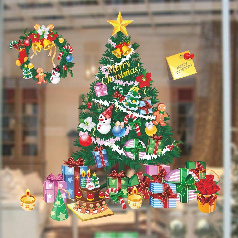 Merry Christmas Tree Glass Window Wall Stickers For Home Decor Happy Year Stickers Festival Removable Mural Art Wallpaper