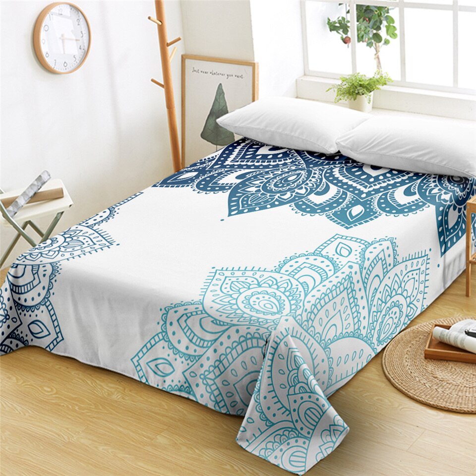 Sengetøjsoutlet mandala fladt lagen blomstret sengetæppe boho blåt sengetøj bohemeblomst boligtekstiler sabanas cama 1pc: Dronning 235 cmx 269cm