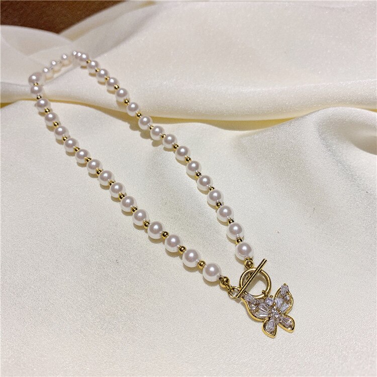 Zirkon sommerfugl perle halskæde perle vedhæng halskæde til kvinder enkle smykker: 01- guld