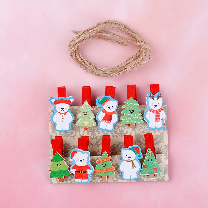 10Pcs/set Red Christmas Santa Claus Wood Clips Mini Wooden Clothes Photo Paper Peg Pin Clothespin Craft Clips With Rope: 2