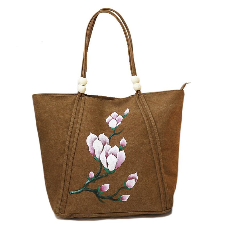 Handmålad väska national canvas axelväska retro dam träpärlor väska blommålning åkpåse bolso mujer: Brun