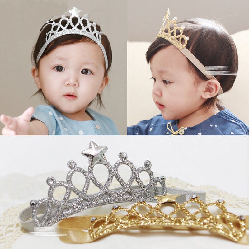 Girls Baby Hair Accessories Princess Tiaras Crown Gold Silver Headband Elastic Birthday Headbands