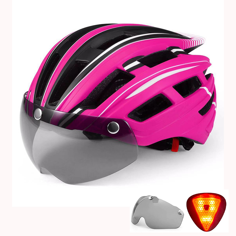 Casco de bicicleta, casco de bicicleta con luz trasera y gafas magnéticas desmontables y mochila portátil Casco de ciclismo ligero ajustable para adultos Hombres Mujeres Montaña y carretera: Pink