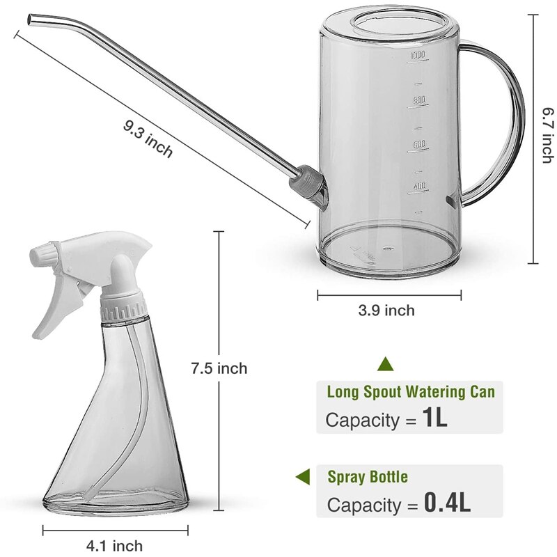 Gieter van kunststof, roestvrijstalen gieter met lange tuit en kleine nevelspuit voor het bewateren van planten en bloemen