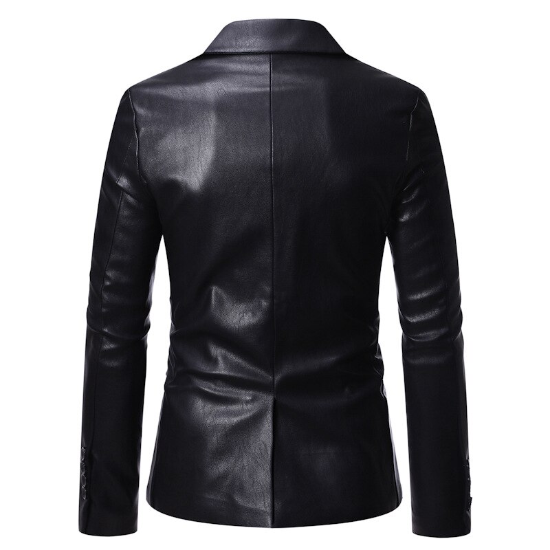 Men Black Blazer PU Leather Spring Autumn Casual Suit Jacket Slim Fit Business Work Daily Life Stage Single Breasted One Button