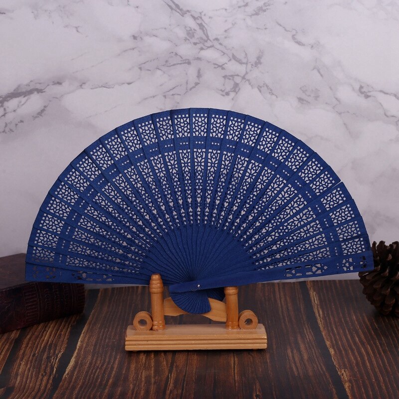 2Pcs 8 Inch Chinese Japanese Folding Fan Wooden Hand Flower Bamboo Pocket Fan for Home Decor Party Decoration - Blue & Black