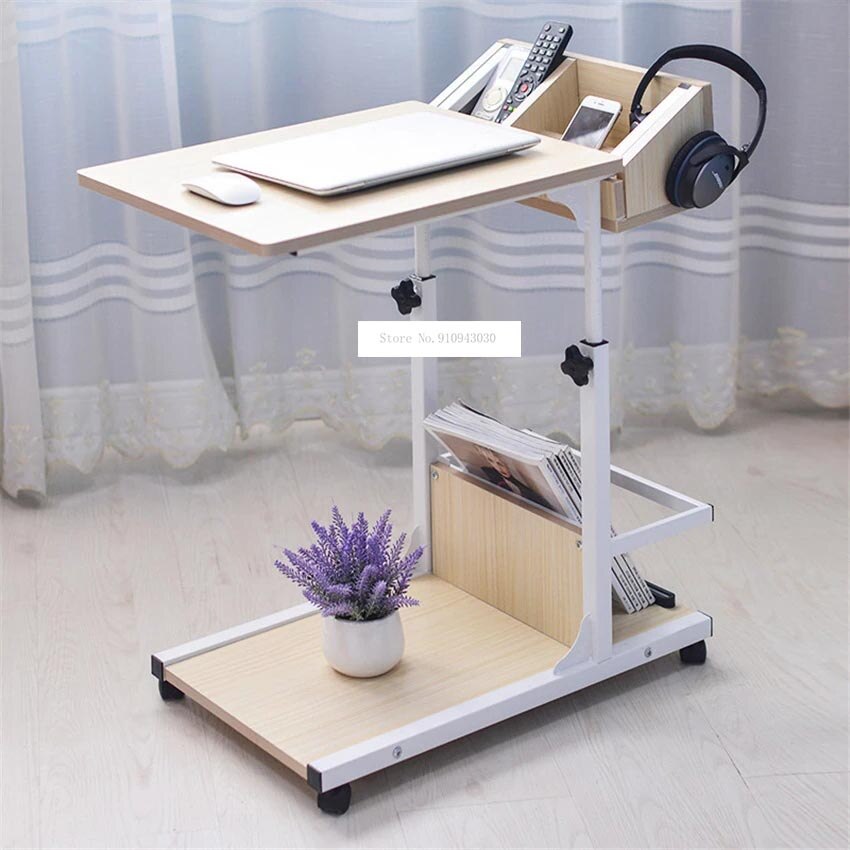 Portable Table Adjustable Lifting Standing Laptop Desk Bedroom Removable Storage Small Side Table Mini Sofa Cabinet: white maple