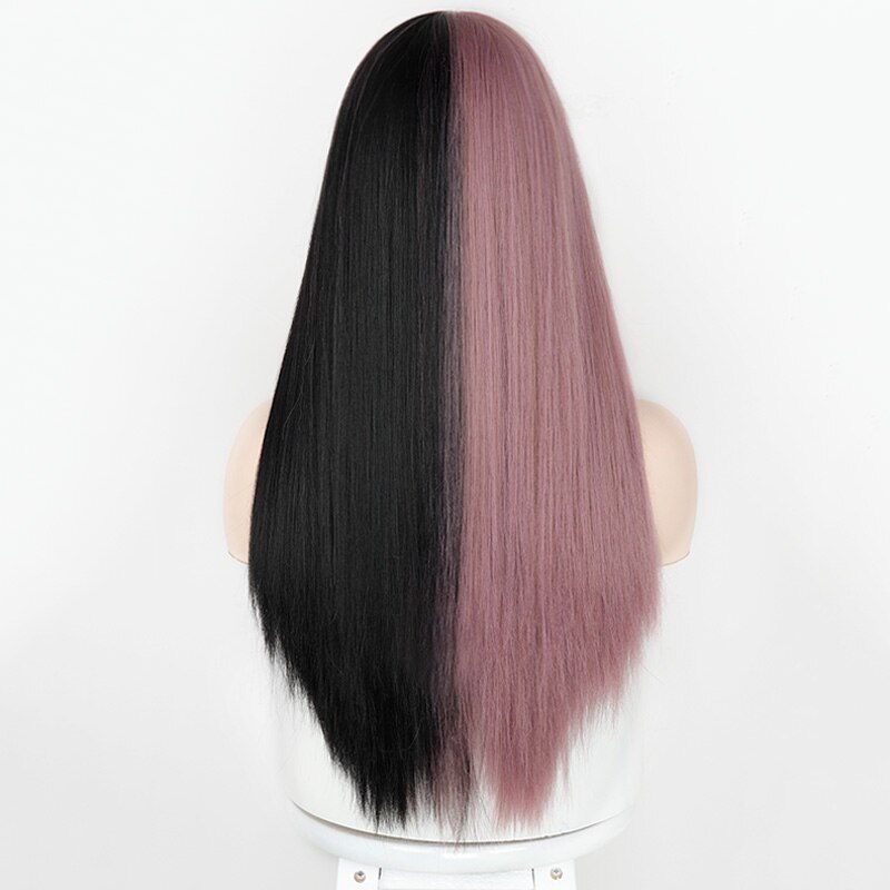 Synthetic wig Purple and Black Wig Long Straight hair Cosplay Wig Halloween wig Two Tone Ombre Color Women Hair Wigs Pink Green