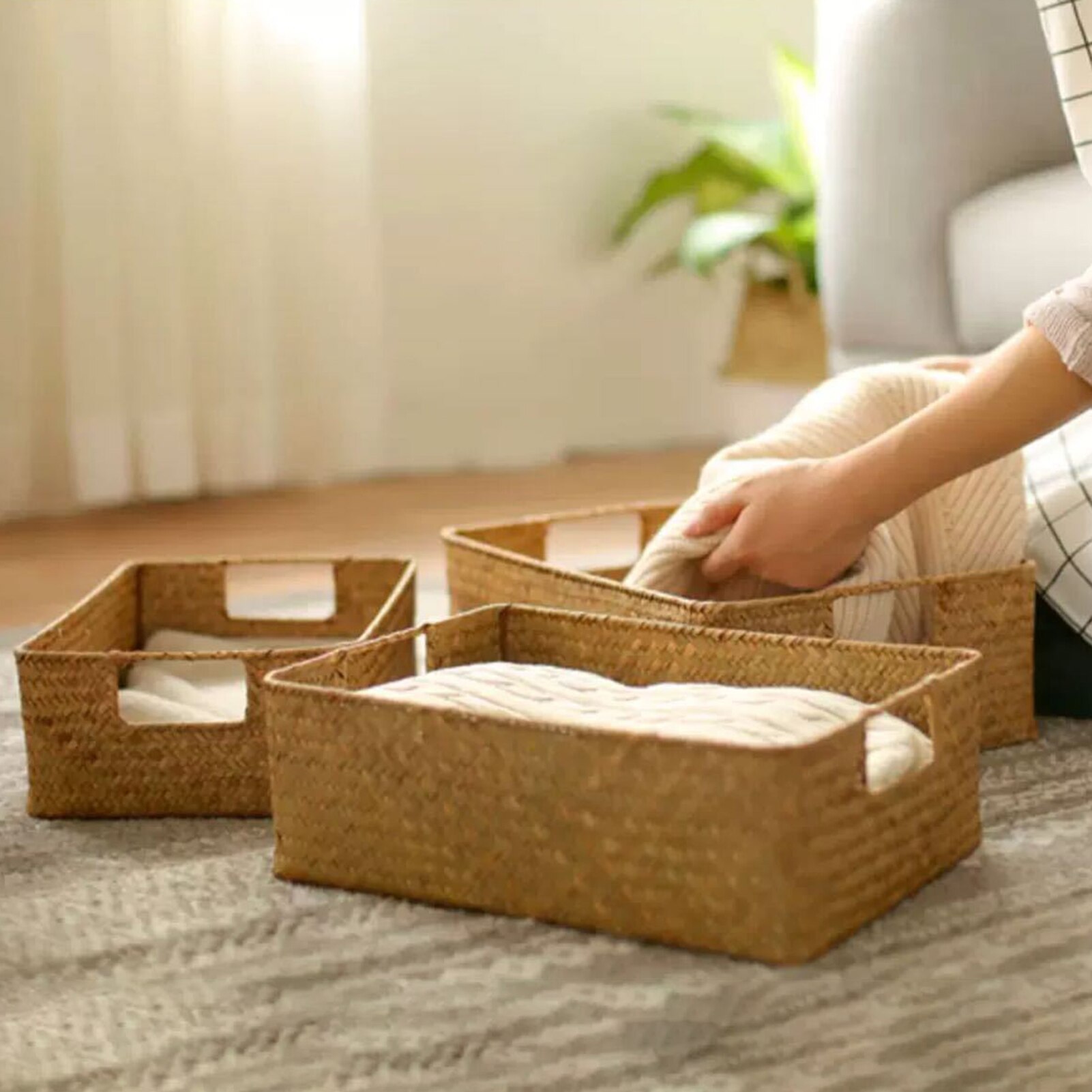 Natural Straw Rectangular Desktop storage basket Wire Handles Decor Seagrass Woven Wicker Basket Organizing Shelves mx01171052