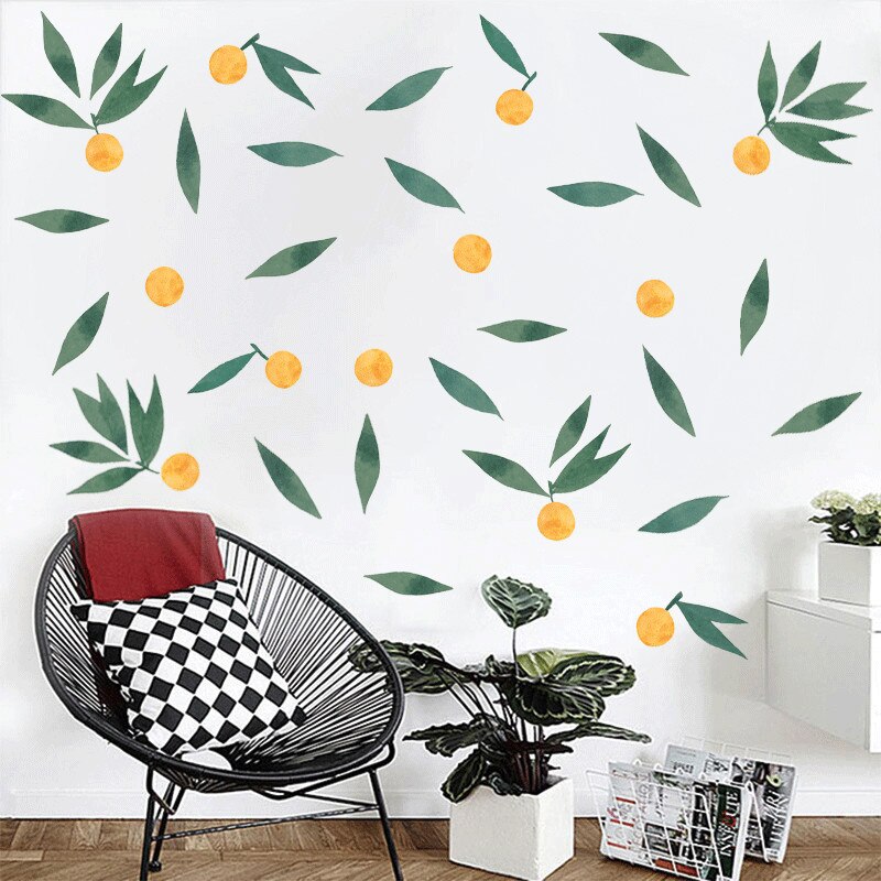 Geel Fruit Met Groen Blad Muursticker Home Decoratie Behang Voor Kid 'S Woonkamer Slaapkamer Achtergrond Decor Muurtattoo