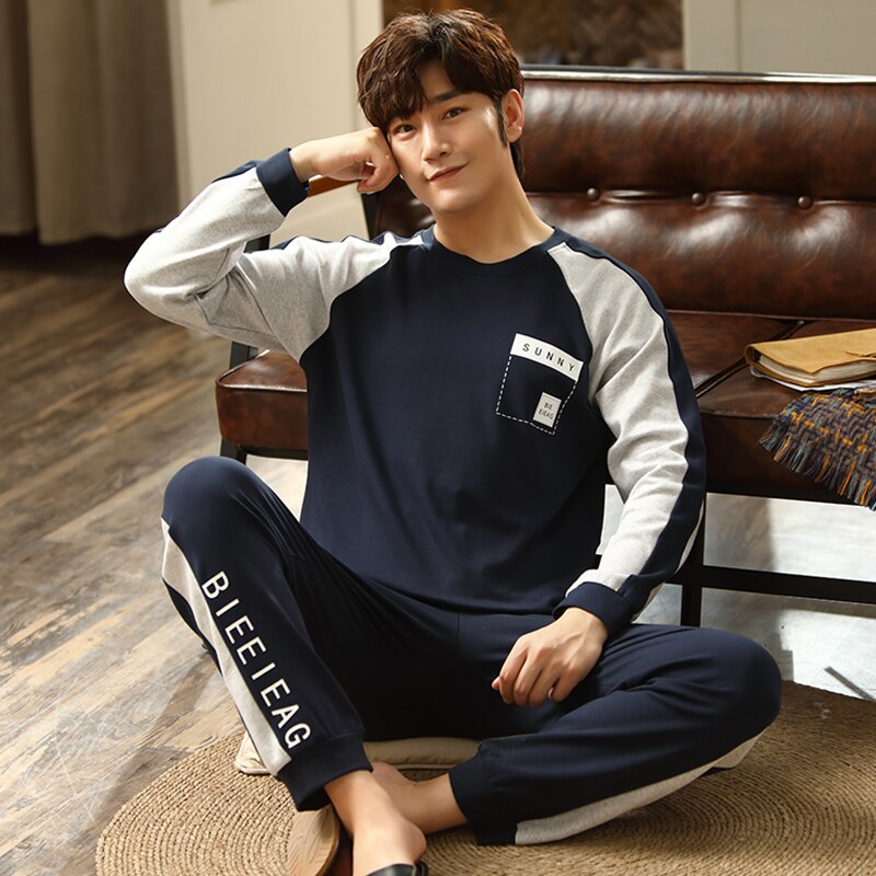 Mais tamanho L-3XL pijamas de algodão completo homem pijamas de manga longa casual pijamas de homem pijamas para homem: XXL