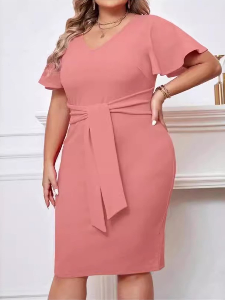 Plus Size Zomer Midi Jurk Vrouwen Roze Elegante Ruche Geplooide Korte Mouw Modis Dames Jurken Slanke Bodycon Vrouw V-hals Jurk