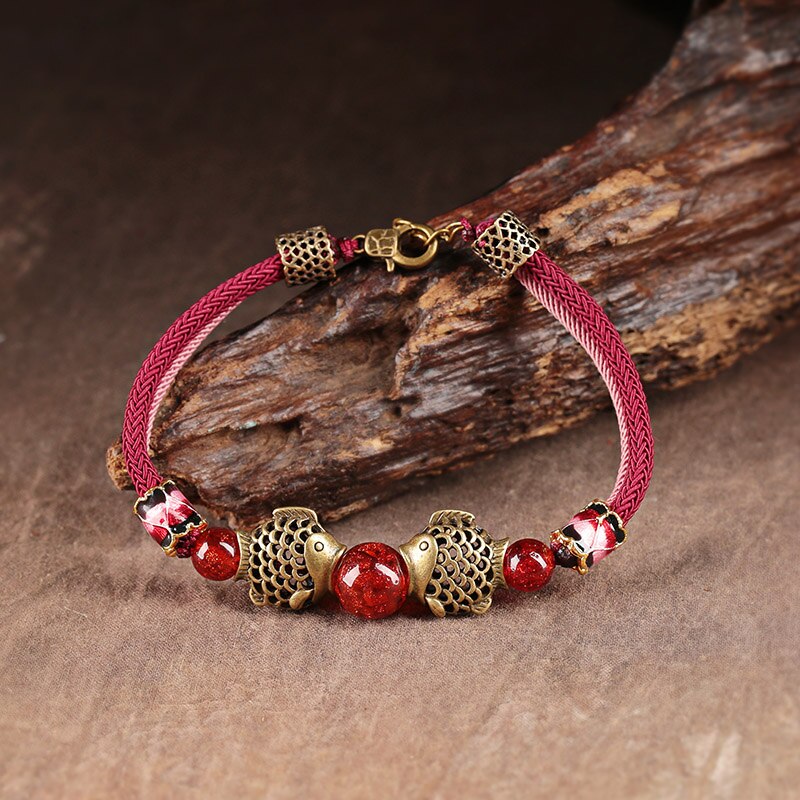 Chinesische ethnische glasurperlen-fußkettchen für damen, seilketten-fußkettchen, beinarmband, kupferfisch-strand-fußkettchen-schmuck