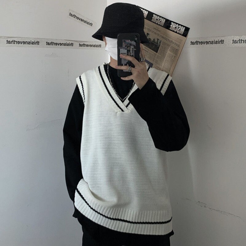 Suéter coreano de otoño para hombre, chaleco informal de punto con cuello en V, ropa de calle para hombre, chaleco holgado, suéteres de punto para hombre, M-XL