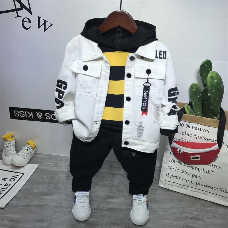 3 Pcs Wlg Kids Outfits Jongens Kleding Set Lente Herfst Witte Denim Jasje Gestreepte Hoodie En Broek Set Baby Mode kleding: 6T