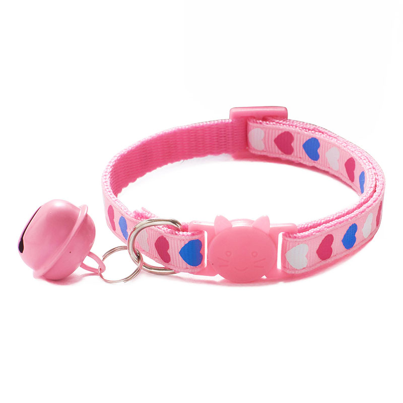 Söta sällskapsdjur halsband hjärta tryck valp justerbar polyester halsband härlig med klockor tryck katt hund halsband krage leverans: Rosa