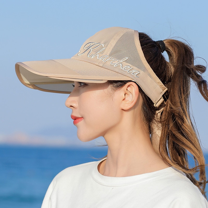 Hat Female Pull Board Sun Hat Sun-Proof Face Cover UV Protection Korean Wide Brim Cycling Sun Topless Hat Summer: Khaki