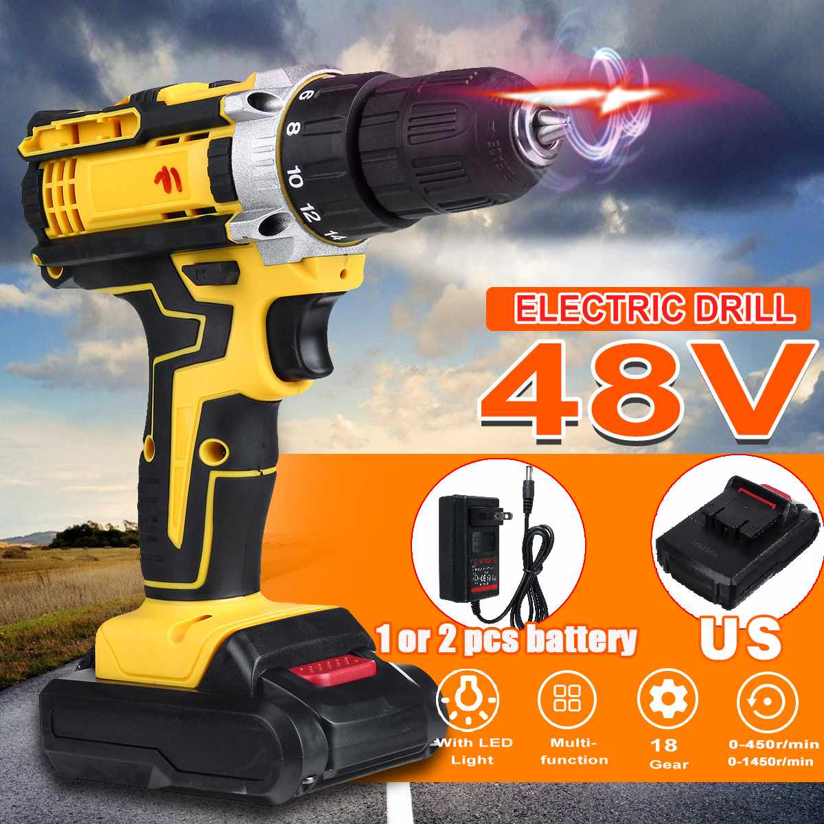 Cordless Electric Drill 3 in 1 Electric Drill Screwdriver Hammer 48V Dual Speed With 2 Battery
