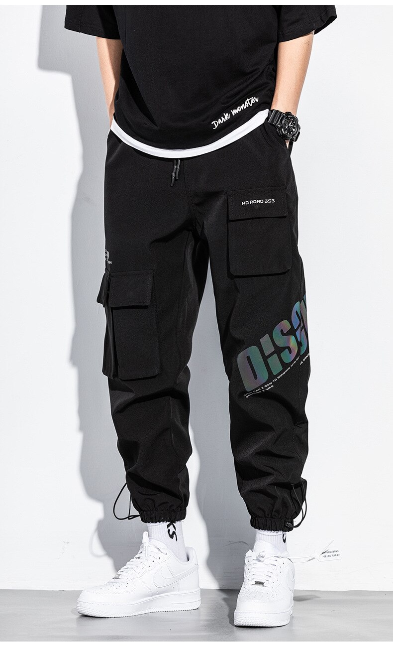 Techwear riflettente uomo Streetwear pantaloni Hip-Hop coreani Harem pantaloni Cargo Casual da uomo pantaloni larghi funzionali multi-tasca: XXL(70-78KG) / Black