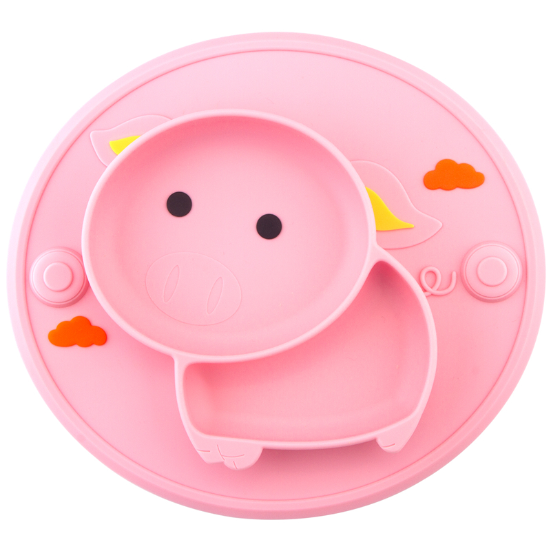 Qshare Baby Feeding Learning Bowl Cute Pig Silicone Suction Plate Placemat Kids Feeding Dinnerware Baby Food Dishes Pratos: Pink