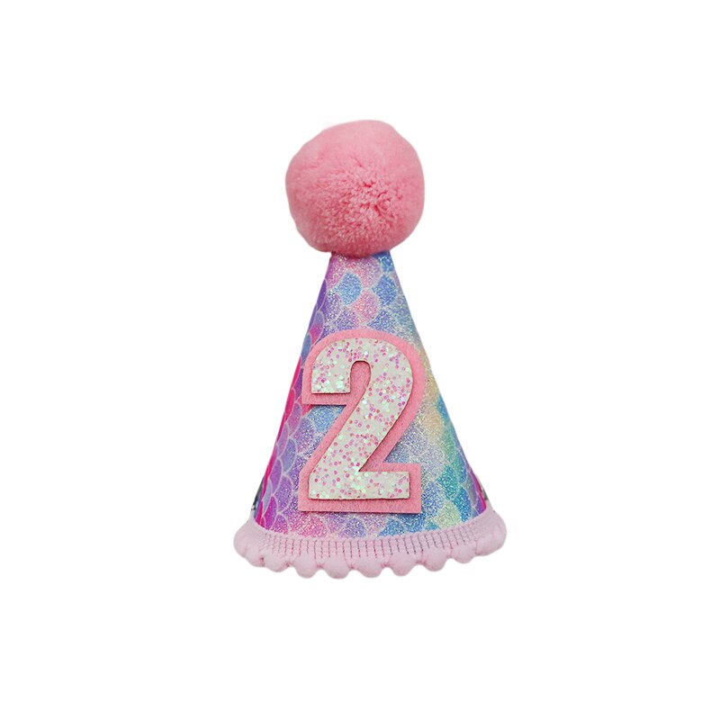Happy Birthday Hat 1st 2nd 3rd Year Old Kids Girl Birthday Baby Shower Mermaid Tail Headband Hat Decoration Party Supplies: A15