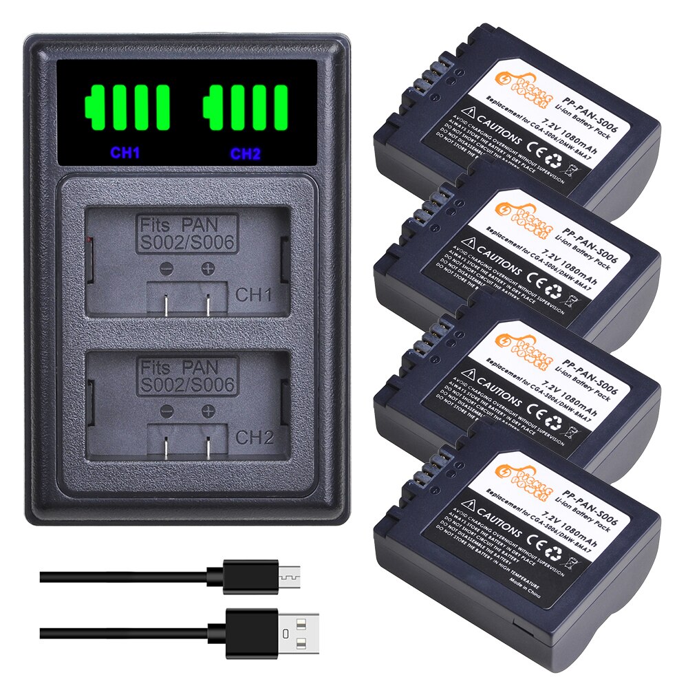 CGA-S006 DMW-BMA7 Battery +LED Daul USB Charger for Panasonic Lumix DMC-FZ7 DMC-FZ8 DMC-FZ18 DMC-FZ28 FZ30 FZ35 FZ38 FZ50 Camera: Charger and 4Battery