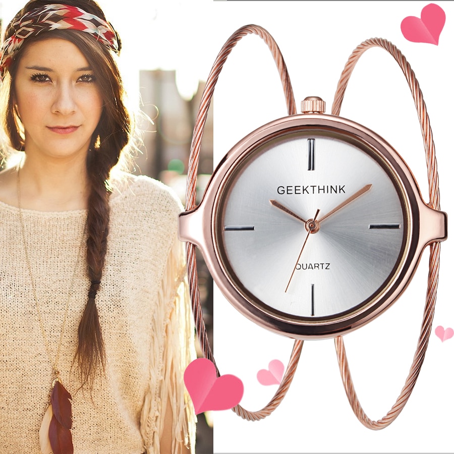 GEEKTHINK Unique Brand Quartz Watch Women Bracelet Ladies Rose Gold Watch female Luxury Double Ring steel band casual