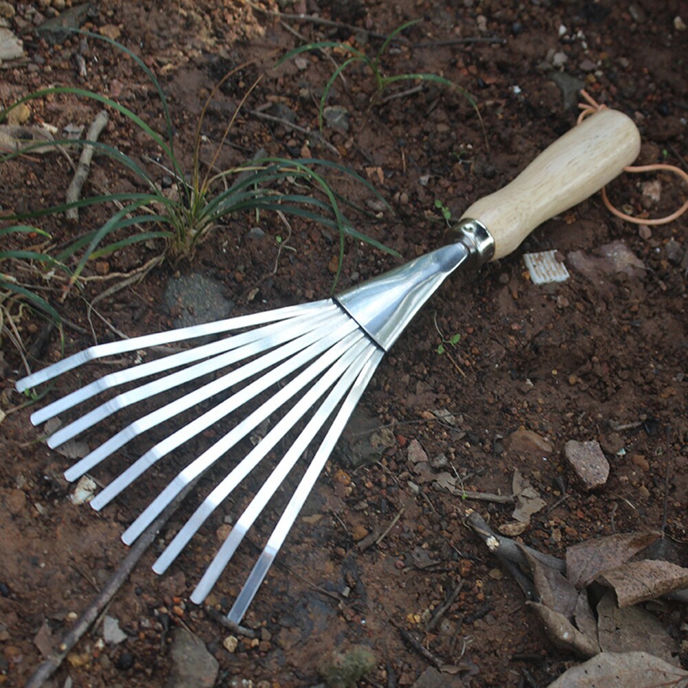 Stainless Steel Hand Shrub Grass Rake 9 Teeth Rake Lawn Leaf Rake Heavy Duty Gardening Weeding Tool Potted Soil Loosening Tools