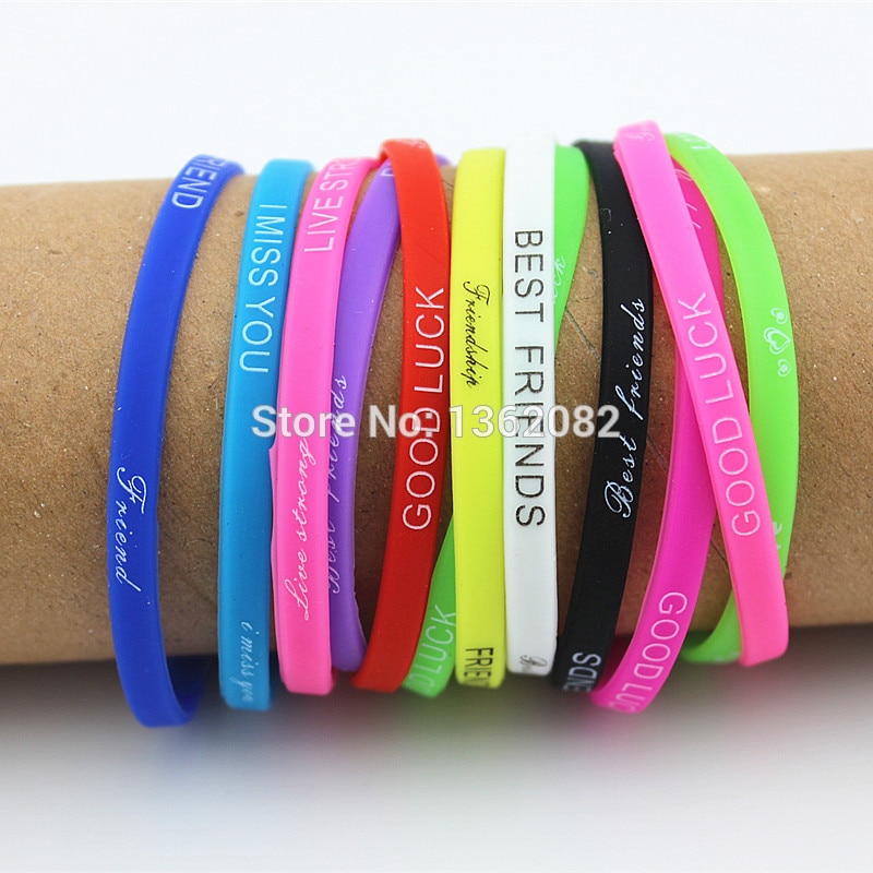 Pulsera de silicona con estampado de letras de colores variados para hombre y mujer, brazalete de Amistad de goma elástica de 5mm, joyería para hombre y mujer MB192, 20 Uds.