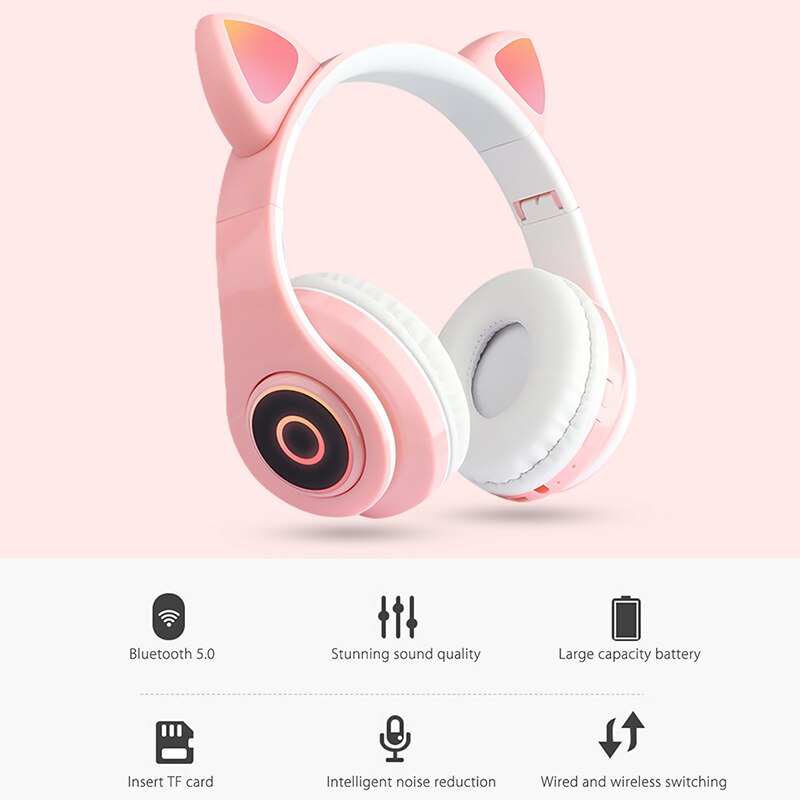 Led-kopfhörer mit blinklicht, kabelloser kopfhörer mit katzenohren, bluetooth-kopfhörer mit mikrofon, headset für handy und gaming