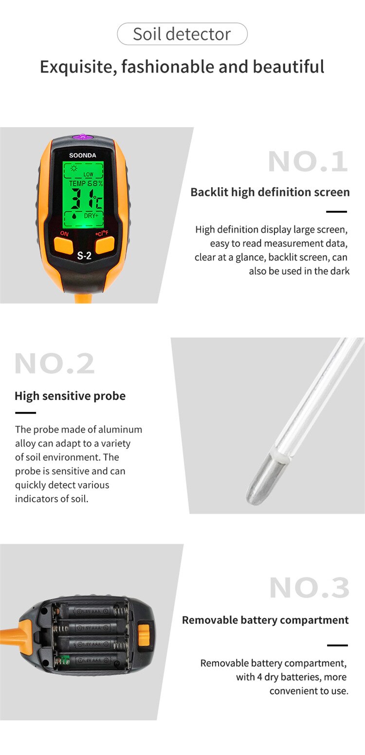 4 in 1 Soil PH Meter Hygrometer Soil Moisture Sensor Meter Plants Acidity Humidity PH Monitor Detector Sunlight рН-тестер