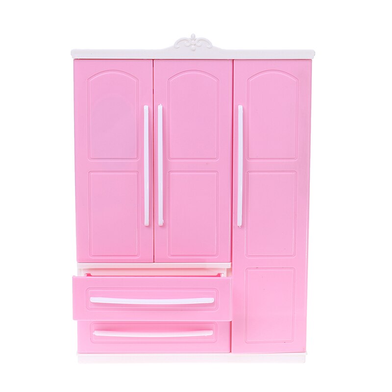 Three-door Pink Modern Wardrobe for Dolls Furniture Clothes Accessories Toys