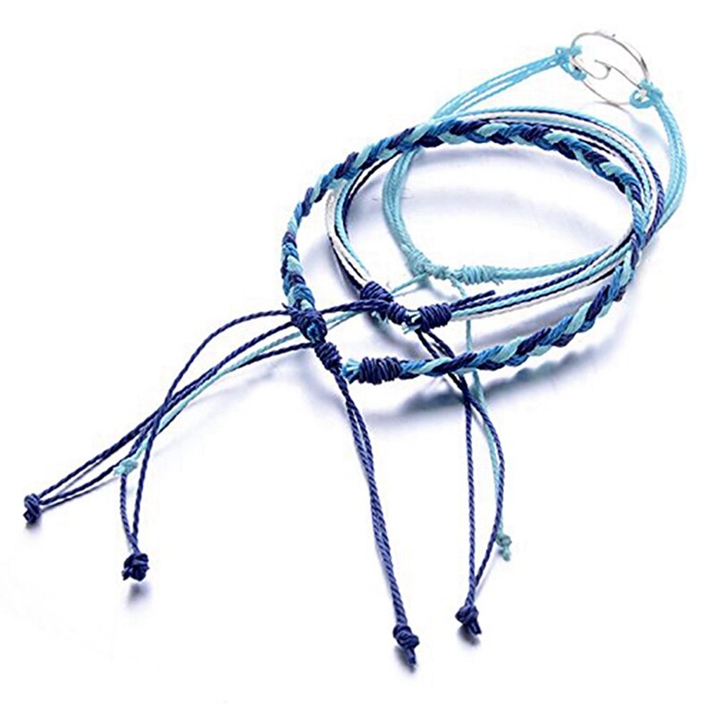 3 verstellbare freundschaftsarmbänder mit surferwellenmotiv und 5 blau-grüne strand-fußkettchen mit seilanhänger und wellenmotiv