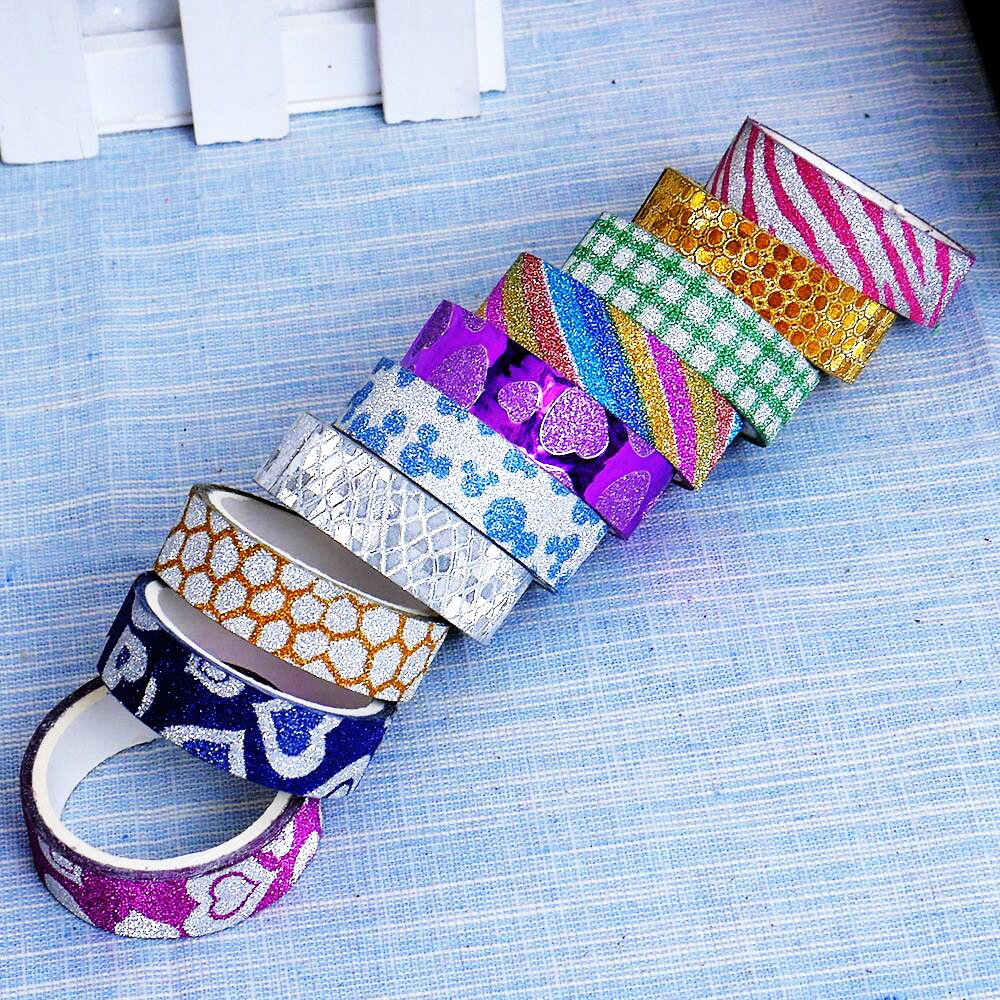 10 Stks/set Diy Zelfklevende Glitter Washi Masking Tape Sticker Craft Decor 15Mm X 3M
