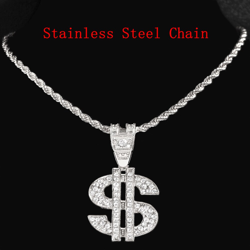 Men Women Hip Hop Big Dollar Pendant Necklace 13mm Miami Cuban Link Choker Chain Necklaces Bling Bling Charm Statement Jewellery: 123123123 / 24inch (62cm)