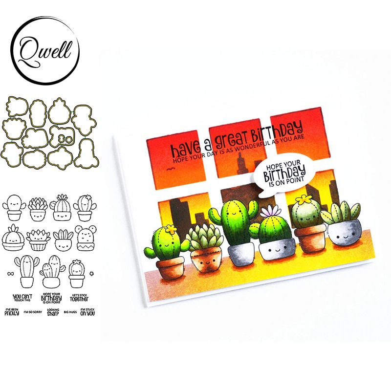 QWELL Cactus Plants Metal Cutting Dies And Clear Stamps Words Sentences DIY Scrapbooking Craft Paper Cards Making Template