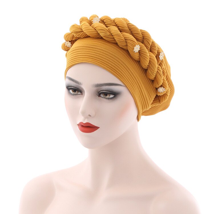 Gorros de estilo africano para mujer, turbante, autogel, musulmán, plisado, para boda mujeres musulmanas sombreros: yellow