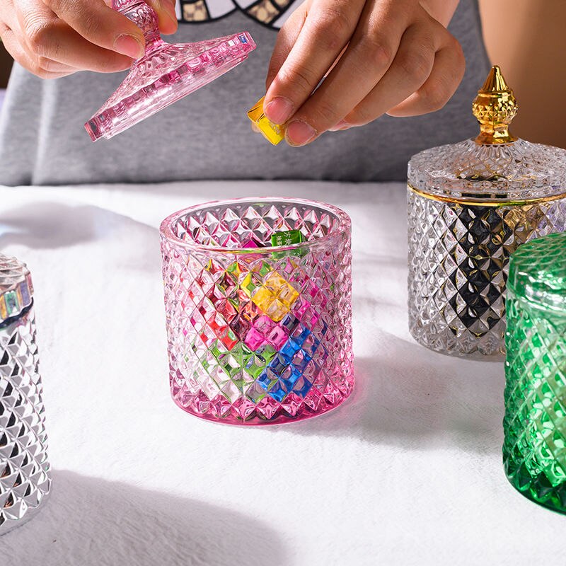 Tarros de cristal con tapa, latas de azúcar en lata de cristal, caja de dulces de diamante, recipiente para bastoncillos, almohadilla de algodón, recipiente de vidrio para almacenamiento doméstico