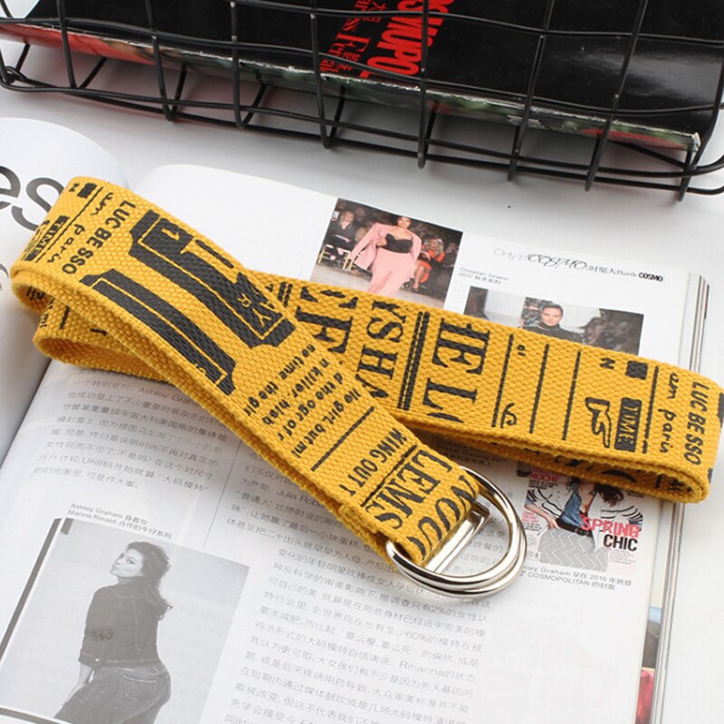 Unisex Canvas Riemen Letters Gedrukt D Ring Dubbele Gesp Punk Taille Band Vrouwen Mannen Tiener Lange Brede Riem: C yellow