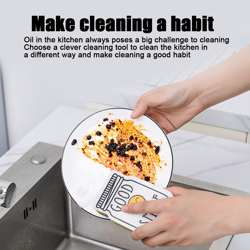 4pcs Cartoon Smiley Face Thick Sponge Strong Decontamination Dish Washing Cloth Kitchen Cleaner Sponges Scouring Pads