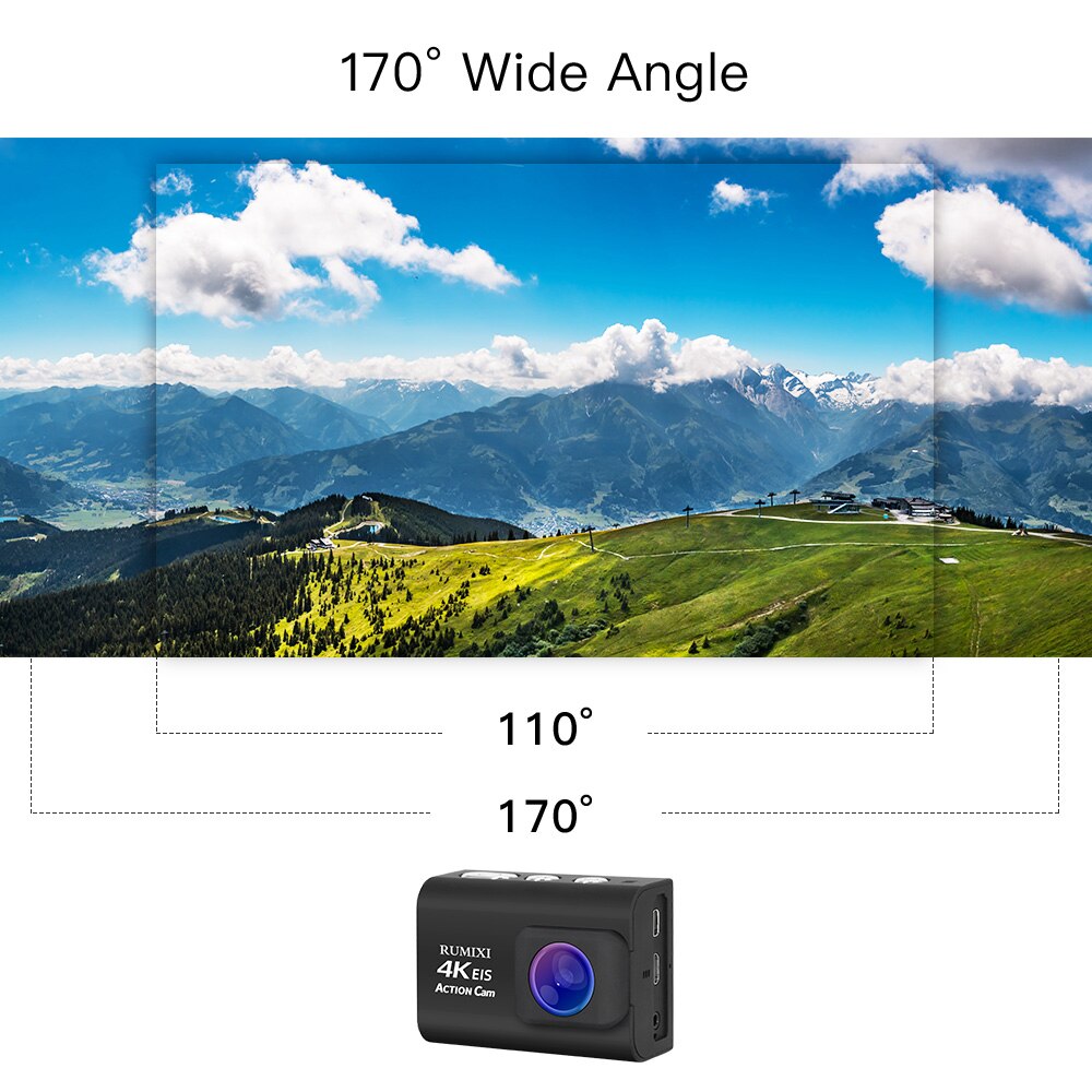RUMIXI Sport 4K Action Camera met EIS Functie Waterdichte Onderwater 30M Video Record Cam met Afstandsbediening Externe mic