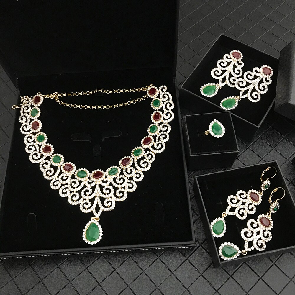 Luxurious Shine Bride Zircon Set Vintage French Wedding Dress NecKLace Earring brooch Ring for Women Jewelry Set: glod mix green