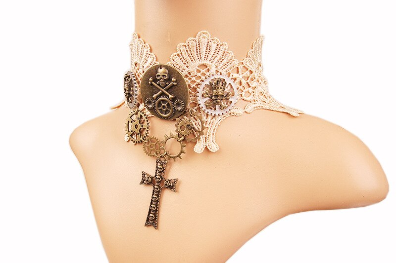 Collar con engranaje de motor de vapor Retro para mujer, accesorios de ropa de con calavera de encaje al Curry, accesorios sencillos y elegantes delicados