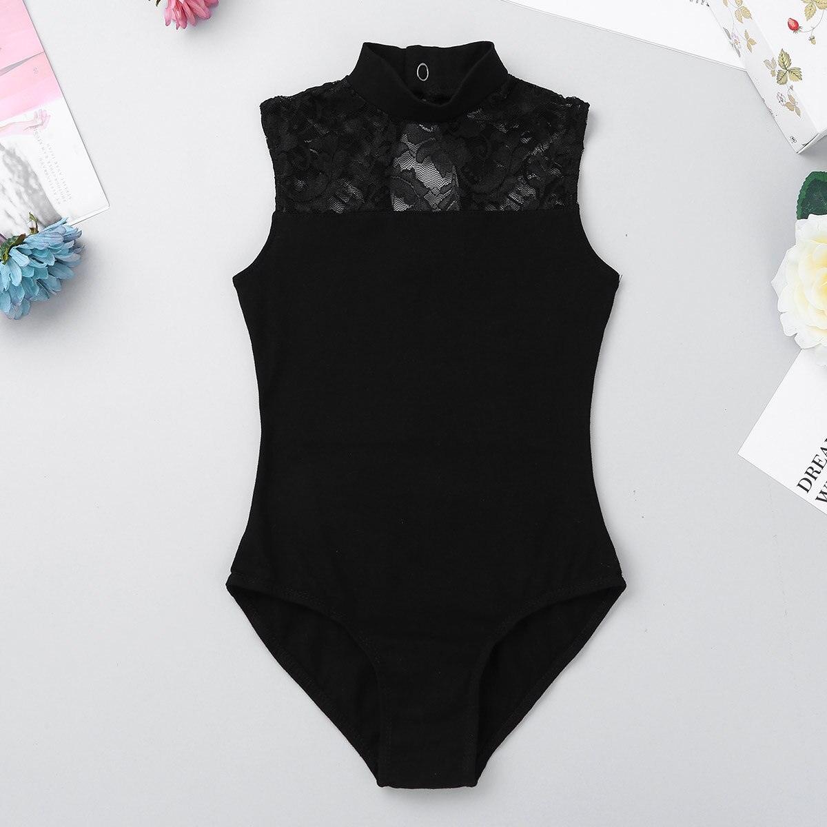 IIXPIN-robe de Ballet Tutu pour filles, justaucorps sans manches col tortue dos en dentelle, gymnastique dans la danse: Black / 3XL