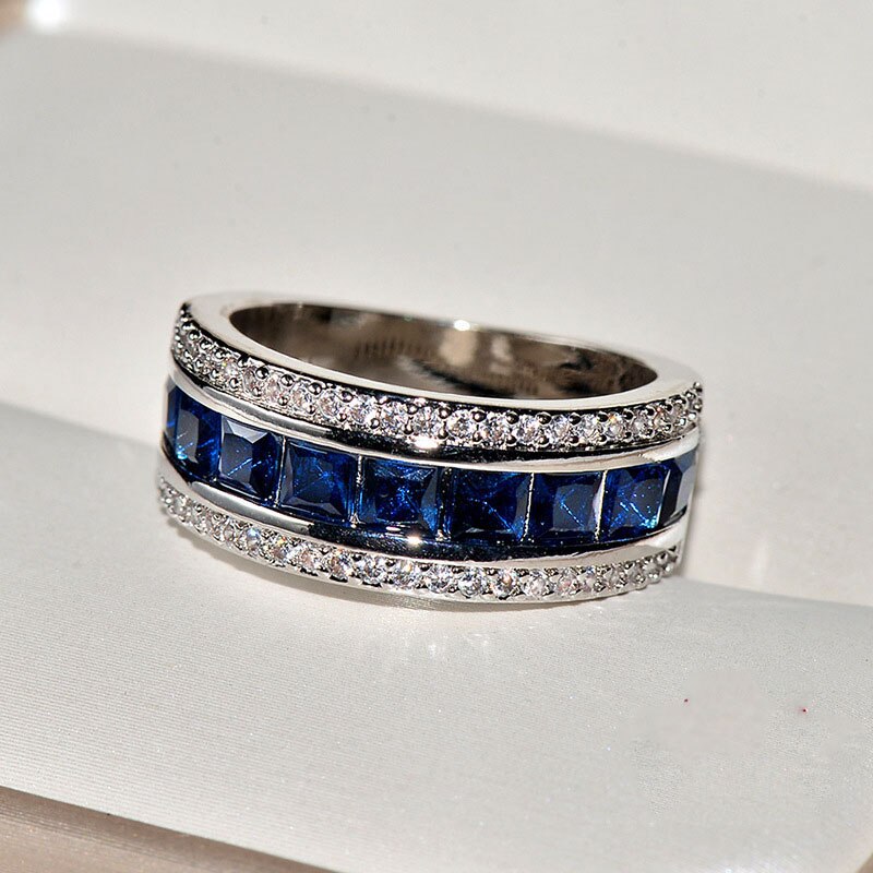 Authentic 925 Sterling Plata Finger Rings with Round Blue Square Cubic Zirconia Crystal Wide Ring for Women Wedding Jewelry