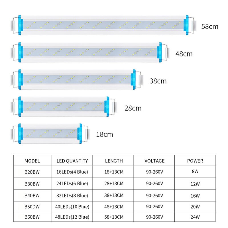 Éclairage led Super mince pour Aquarium 18-75CM, lampe Extensible et étanche à Clip pour Aquarium 90-260V