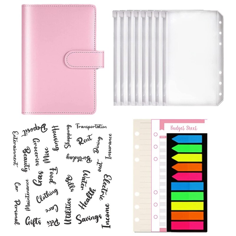 A6 Pu Notebook 6 Ringen Bindmiddel Budget Planner Organizer Met Refill Papers, Kosten Budget Lakens, Sticker Labels, pocket: Pink